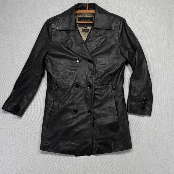 Y2K Wilsons Leather Pelle Studio Leather Trench Coat Double Breasted Size M - Picture 1 of 12